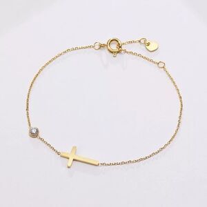 Gold Sideways Cross Bracelet Cubic Zirconia Charm